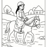 Page de coloriage d&rsquo;une cavalière arabe, fille du village sur un poney traversant une rivière