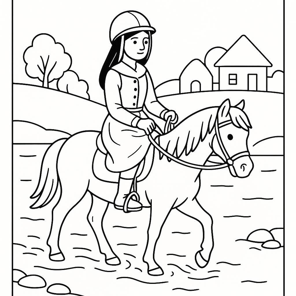 Coloring page of a Arabian horse female rider, village girl on a pony crossing a river