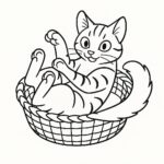 Coloring page of a Bengal cat, playful hunter curled up in a basket