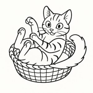 Coloring page of a Bengal cat, playful hunter curled up in a basket