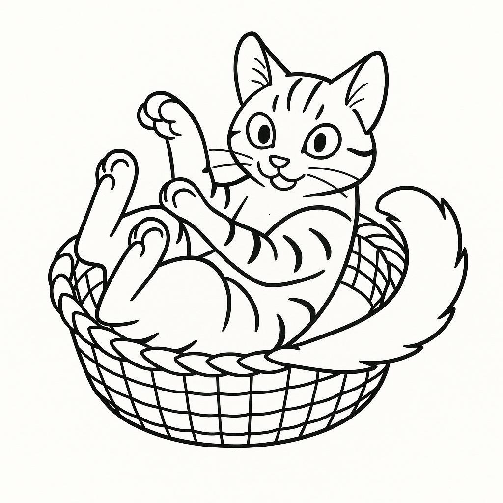Coloring page of a Bengal cat, playful hunter curled up in a basket