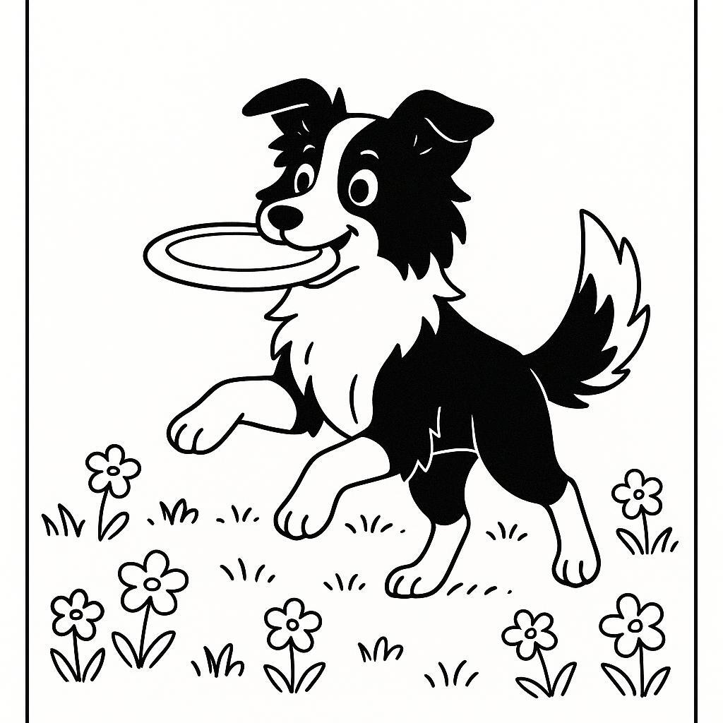 Coloring page of a Border Collie dog, brave protector catching a frisbee