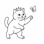 Page de coloriage d&rsquo;un chat British Shorthair, félin gracieux chassant un papillon