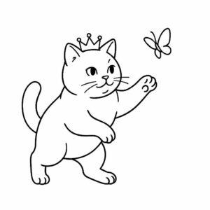 Coloring page of a British Shorthair cat, graceful feline chasing a butterfly