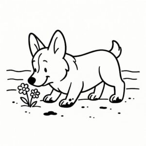 Coloring page of a Corgi dog, playful friend sniffing flowers