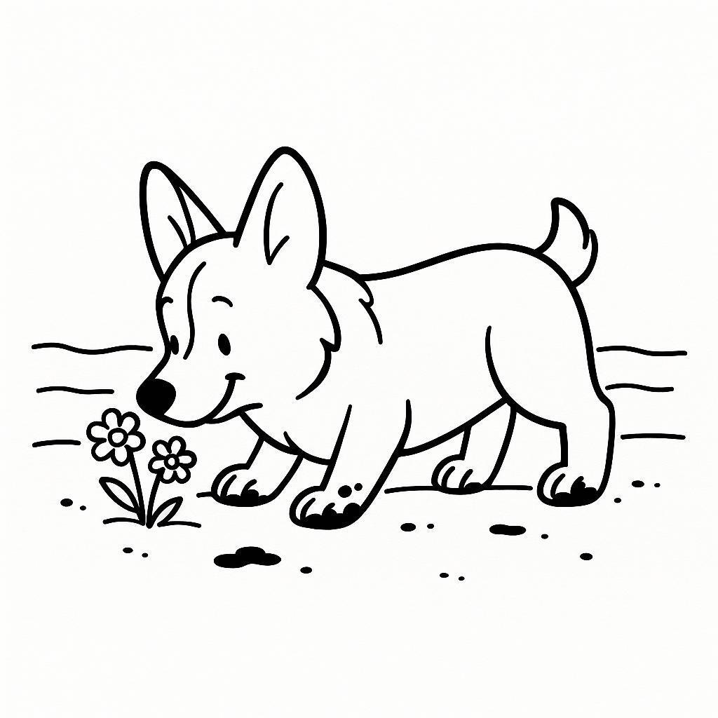 Coloring page of a Corgi dog, playful friend sniffing flowers