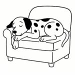 Page de coloriage d&rsquo;un chien Dalmatien, explorateur curieux dormant sur un canapé