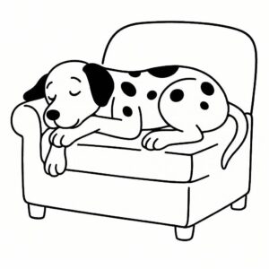 Coloring page of a Dalmatian dog, curious explorer sleeping on a couch