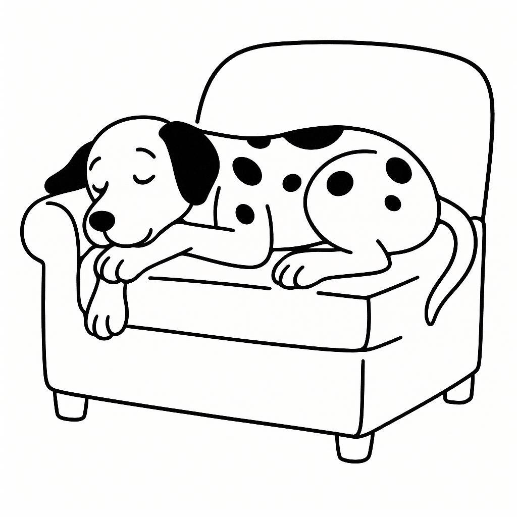 Coloring page of a Dalmatian dog, curious explorer sleeping on a couch