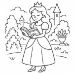 Page à colorier d&rsquo;une héroïne de conte de fées, douce souveraine lisant un livre ancien