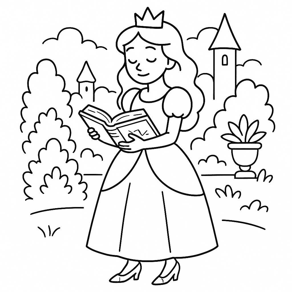 Coloring page of a fairy-tale heroine, kind ruler reading an ancient book