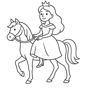 Coloring page of a fairy-tale heroine, kind ruler riding a white horse