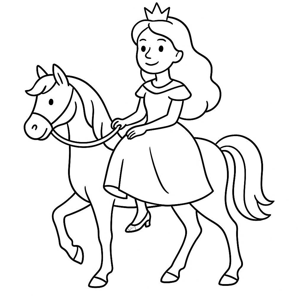 Coloring page of a fairy-tale heroine, kind ruler riding a white horse