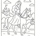 Page de coloriage d&rsquo;une héroïne de conte de fées, beauté royale chevauchant un cheval blanc