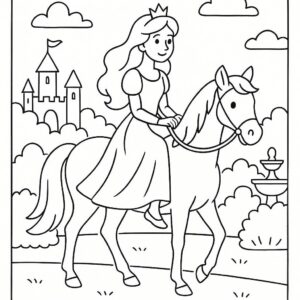 Coloring page of a fairy-tale heroine, royal beauty riding a white horse