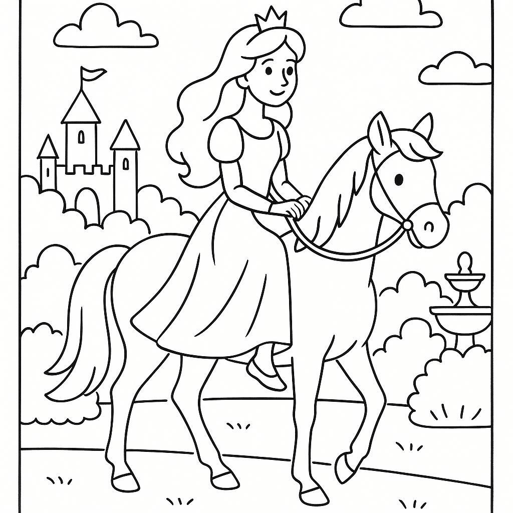 Coloring page of a fairy-tale heroine, royal beauty riding a white horse