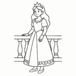 Page de coloriage d&rsquo;une héroïne de conte de fées, beauté royale debout sur un balcon