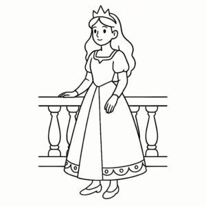 Coloring page of a fairy-tale heroine, royal beauty standing on a balcony
