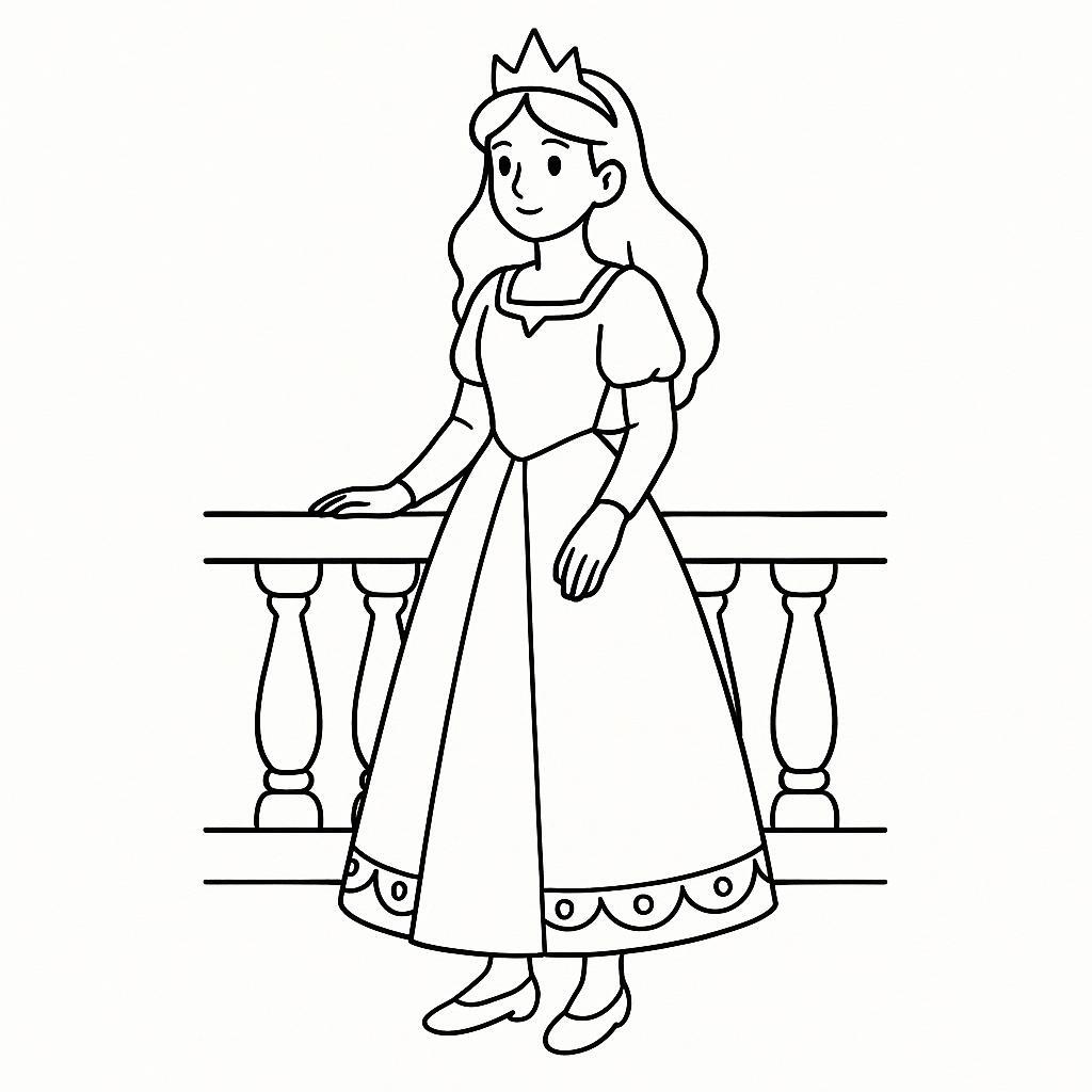 Coloring page of a fairy-tale heroine, royal beauty standing on a balcony