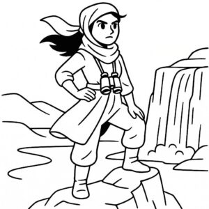 Coloring page of a fearless heroine, desert nomad standing on a mountain peak