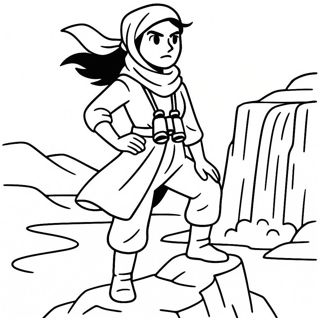 Coloring page of a fearless heroine, desert nomad standing on a mountain peak
