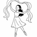 Page à colorier d’une danseuse de festival, danseuse contemporaine se déplaçant avec des foulards fluides