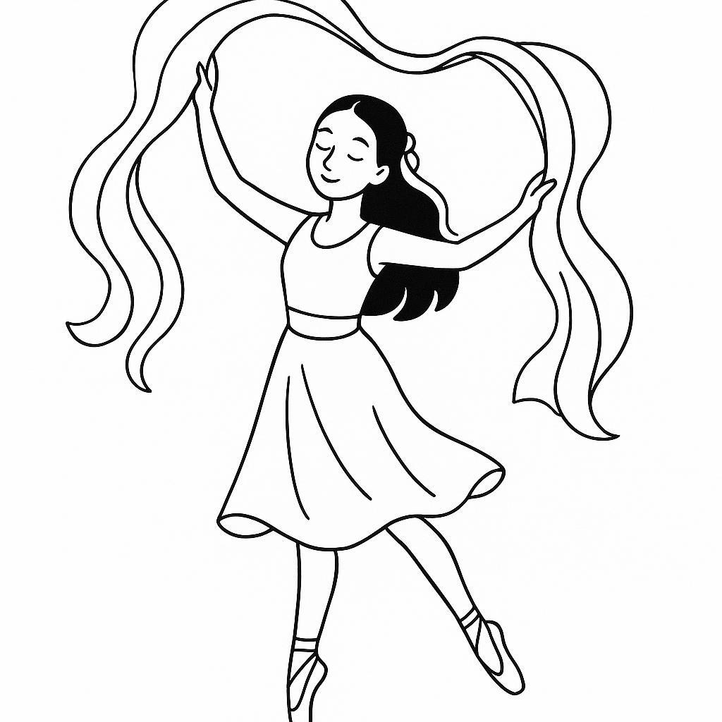 Coloring page of a festival dancer, contemporary dancer moving with flowing scarves