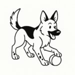 Page à colorier d&rsquo;un chien berger allemand, compagnon fidèle jouant avec une balle