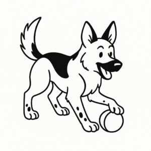 Coloring page of a German Shepherd dog, loyal companion playing with a ball