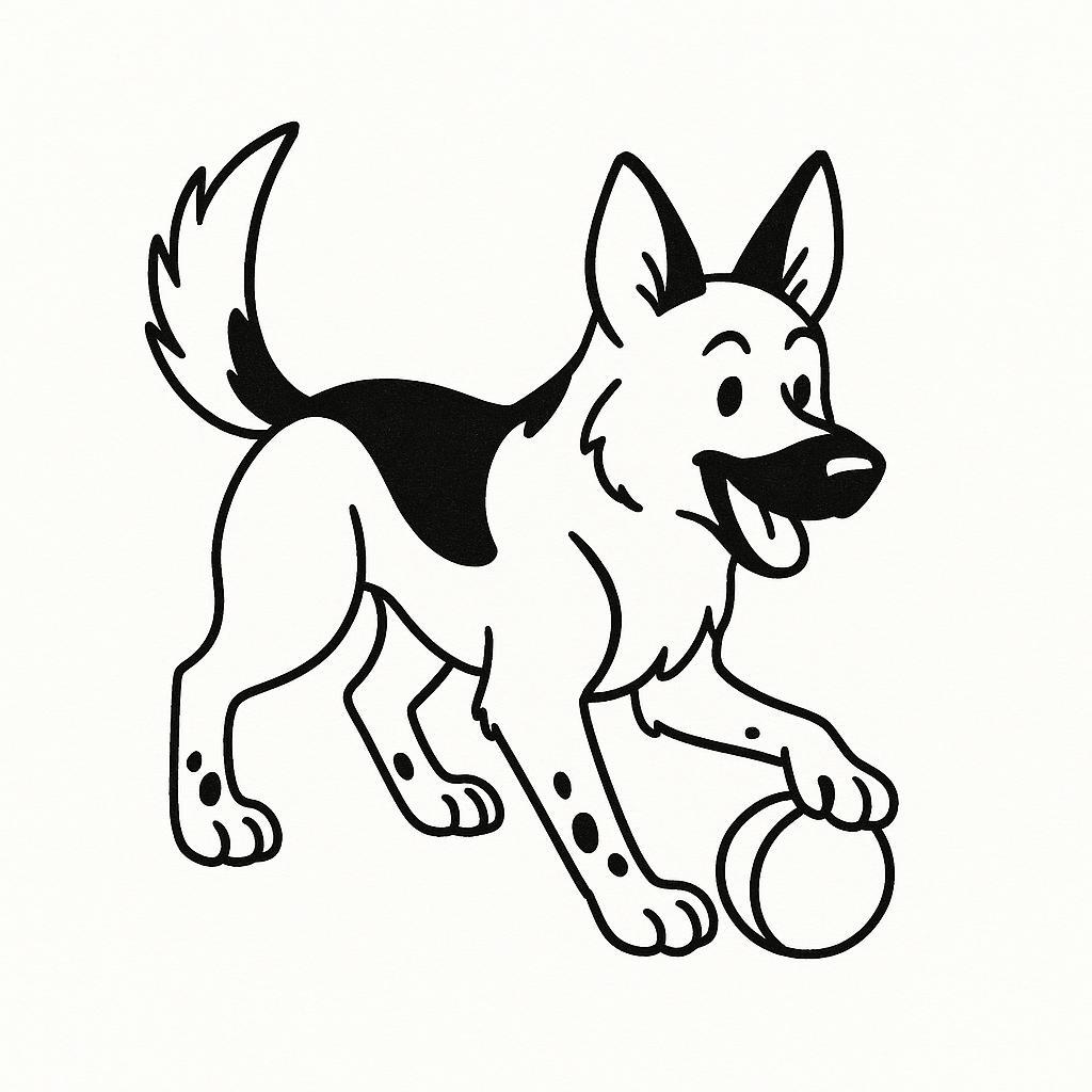 Coloring page of a German Shepherd dog, loyal companion playing with a ball