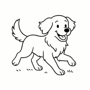 Coloring page of a Golden Retriever dog, playful friend running in a park