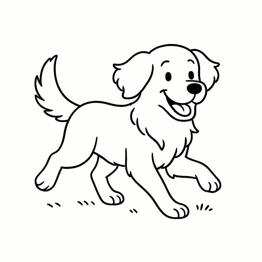 Coloring page of a Golden Retriever dog, playful friend running in a park