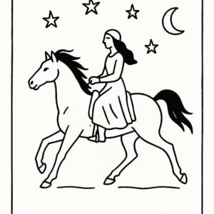 Coloring page of a horse, free-spirited mustang a woman riding in an elegant dress