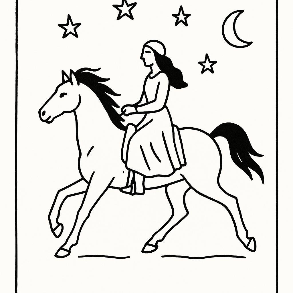 Coloring page of a horse, free-spirited mustang a woman riding in an elegant dress