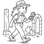 Page à colorier d&rsquo;une voyageuse intrépide, exploratrice de grottes marchant à travers des ruines