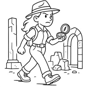 Coloring page of a intrepid female traveler, cave explorer walking through ruins