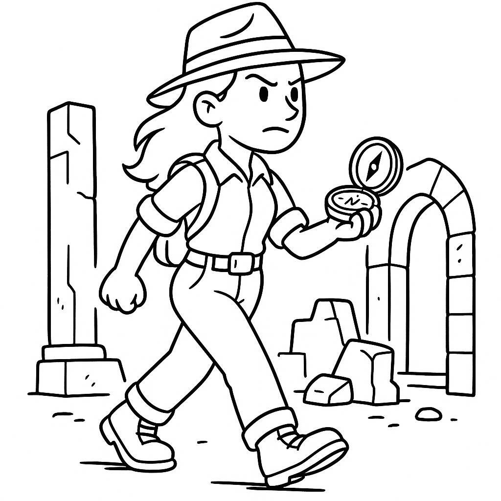 Coloring page of a intrepid female traveler, cave explorer walking through ruins
