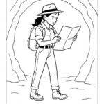 Page de coloriage d&rsquo;une voyageuse intrépide, chercheuse de reliques usées par le temps, regardant une carte