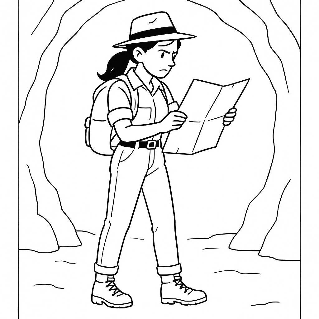 Page de coloriage d'une voyageuse intrépide, chercheuse de reliques usées par le temps, regardant une carte