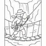 Page à colorier d&rsquo;un aventurier de la jungle, nomade du désert traversant un pont de corde