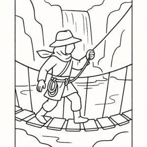 Coloring page of a jungle adventurer, desert nomad navigating a rope bridge