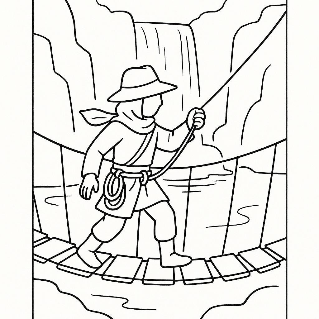 Coloring page of a jungle adventurer, desert nomad navigating a rope bridge