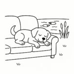 Page à colorier d&rsquo;un chien Labrador Retriever, chiot énergique dormant sur un canapé