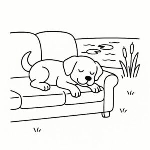 Coloring page of a Labrador Retriever dog, energetic pup sleeping on a couch