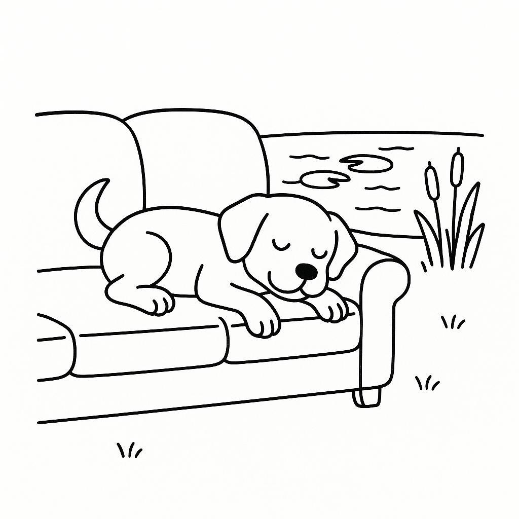 Coloring page of a Labrador Retriever dog, energetic pup sleeping on a couch