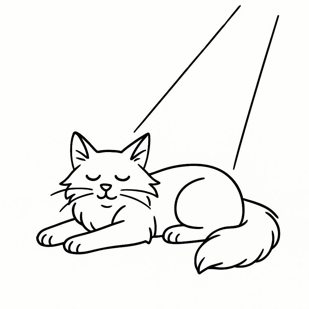 Coloring page of a Maine Coon cat, playful hunter sleeping in a sunbeam