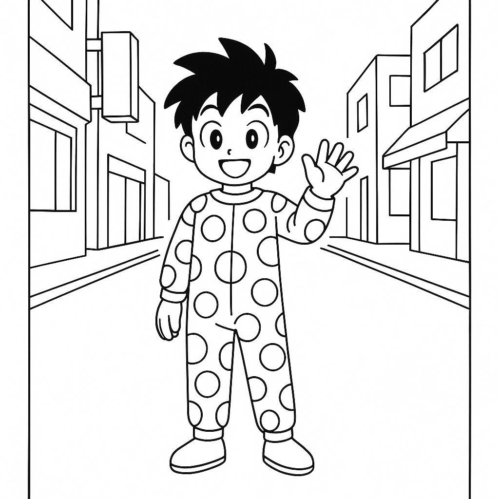 Coloring page of a manga character, center waving to fans
