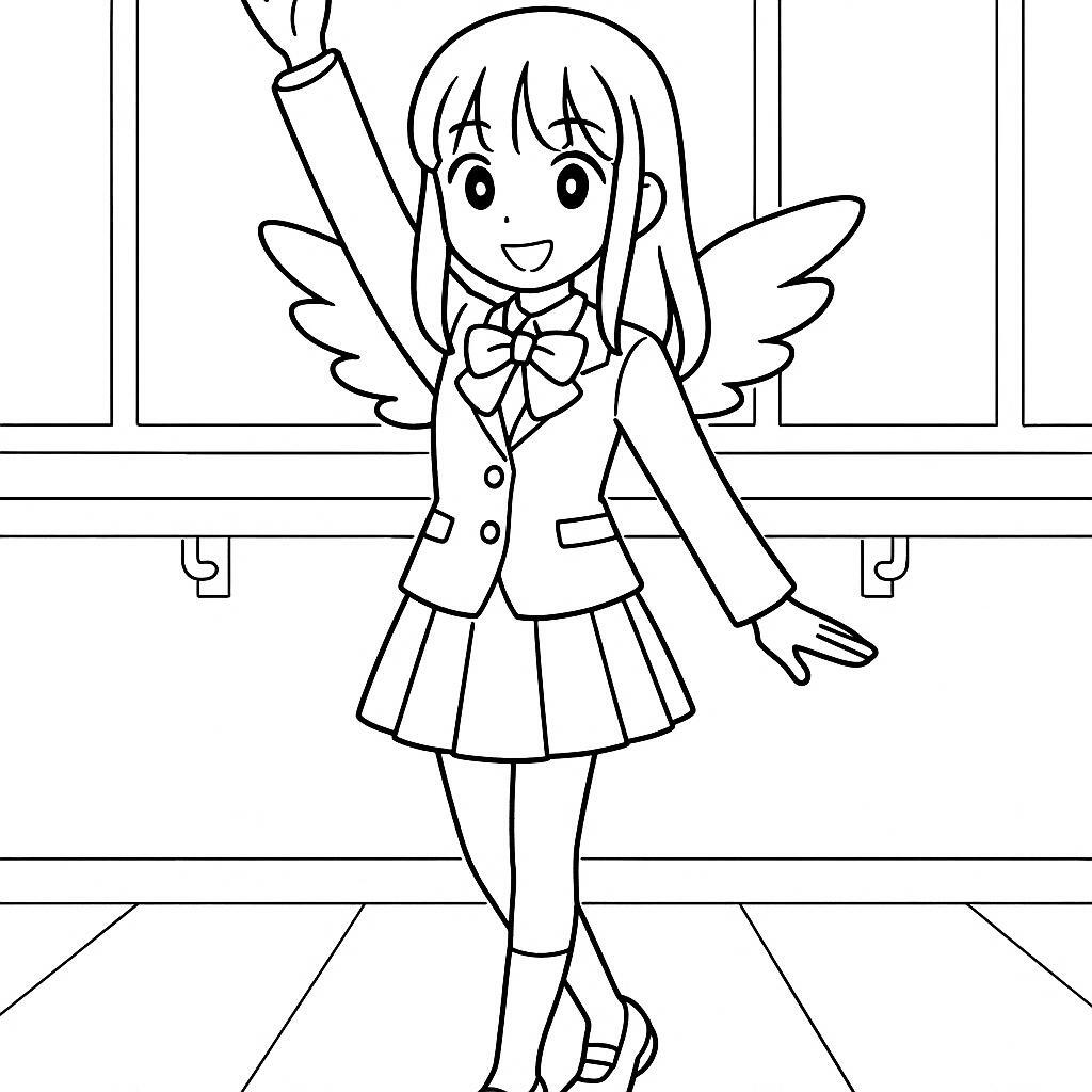 Coloring page of a manga character, choreographer raising one arm high