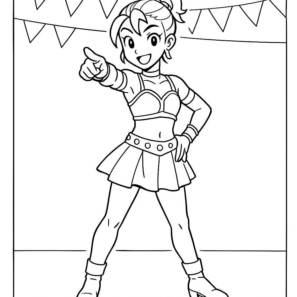 Coloring page of a manga character, dancer pointing at the camera
