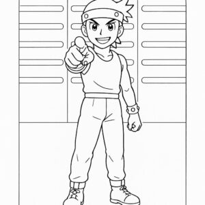 Coloring page of a manga character, fan pointing at the camera